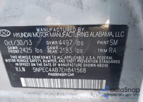 2014 Hyundai Sonata Se 2.0T z USA, uszkodzony, nr VIN 5NPEC4AB7EH841568